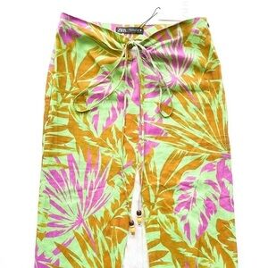Zara NWT Linen Tropical Print Midi Skirt